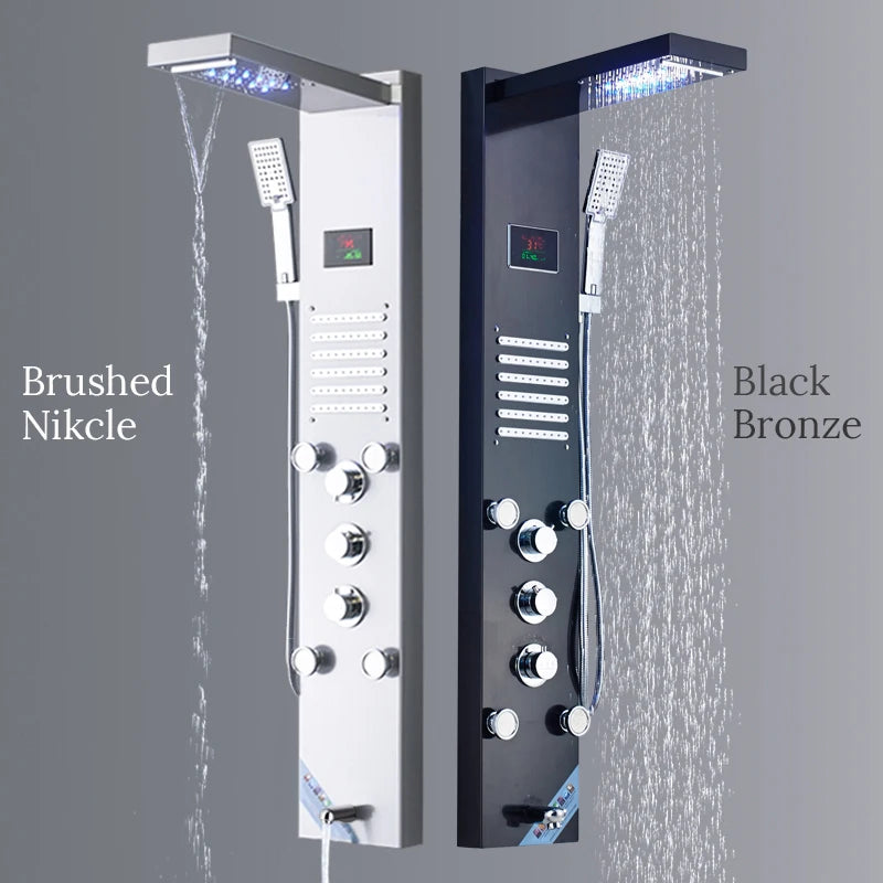 Black/Brushed Stainless Steel 5-Function Waterfall Rain Shower