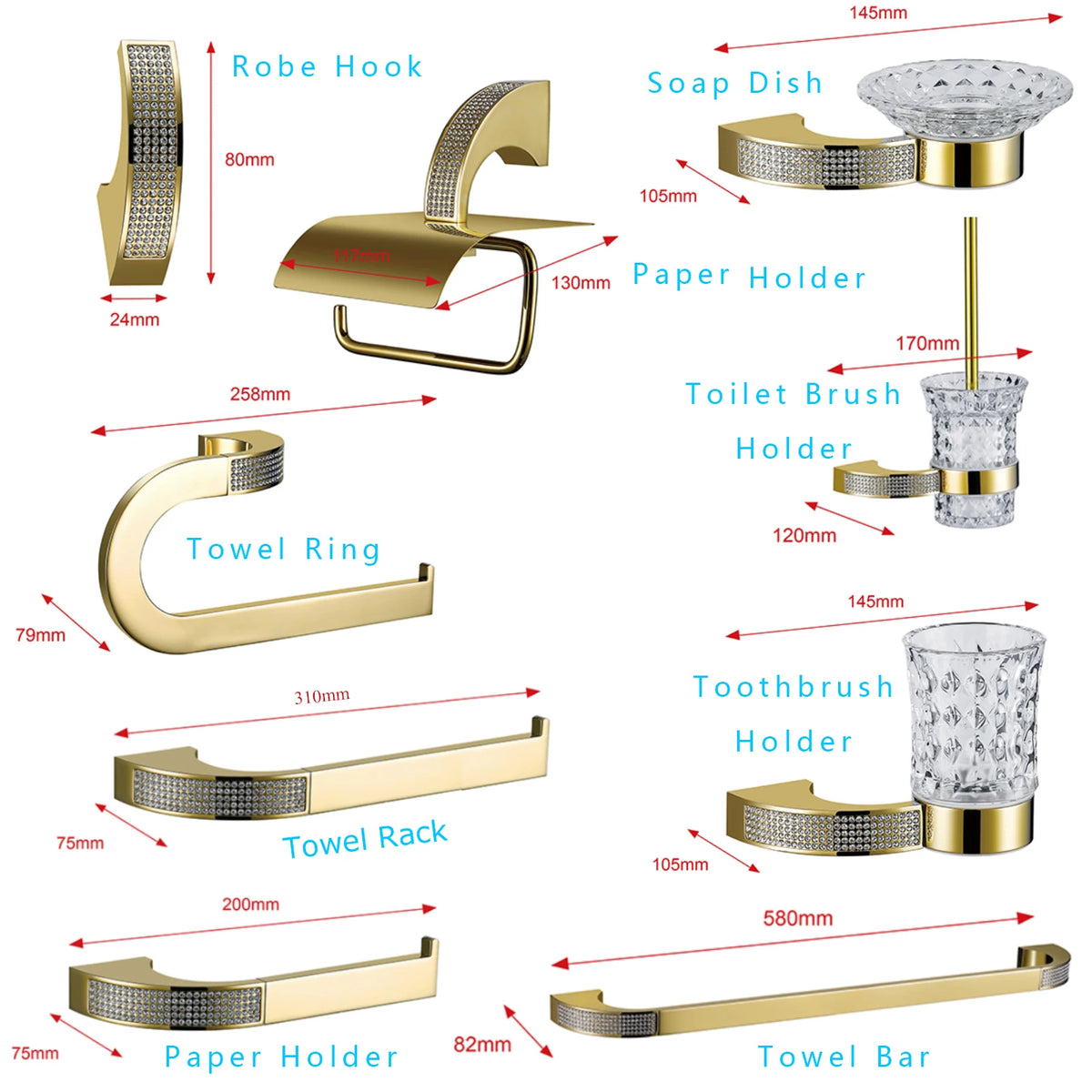 Czech Crystal Bathroom Hardware Robe Hook Towel Rail