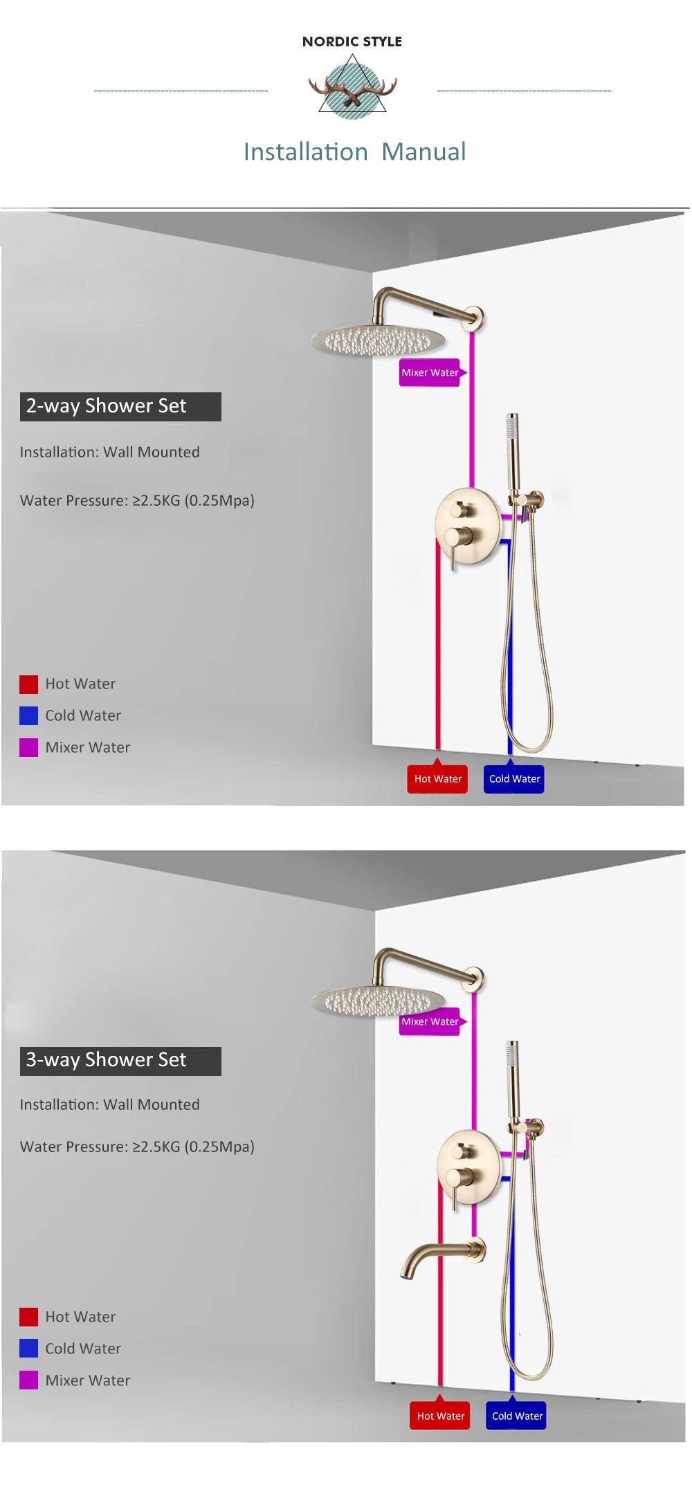 Gold Brushed Shower Faucets 2/3 Way Concealed Shower