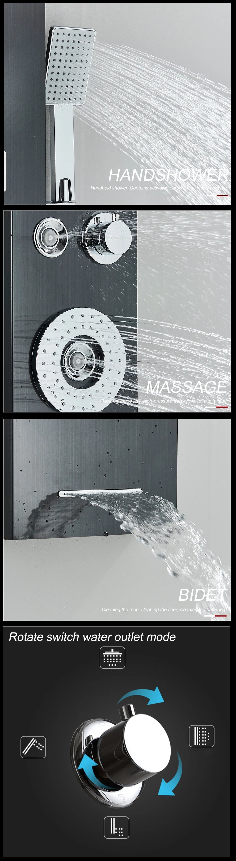 Black Led Shower Panel Waterfall Rain Shower Faucet