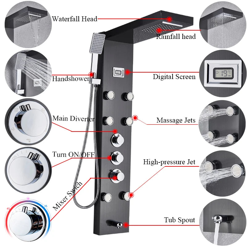 Black Bath Shower Thermostatic Mixer Shower Panel Rainfall