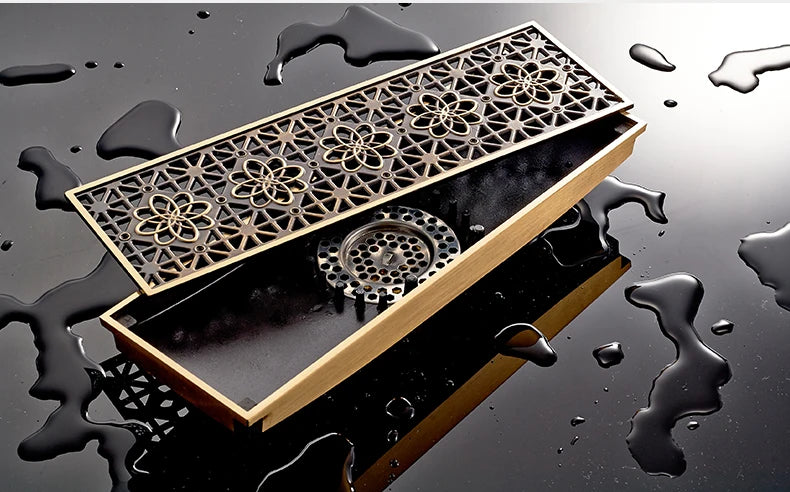 30cmx8cm Rectangle Brass Antique Brushed Carvd Drain Bathroom