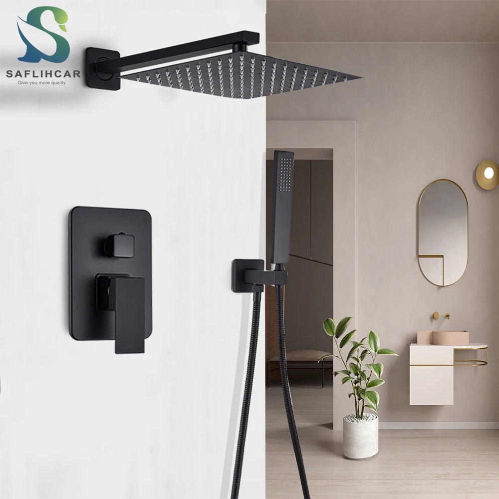 Saflihca Matte Black Shower Faucets Rainfall 8/10/12/16 Concealed