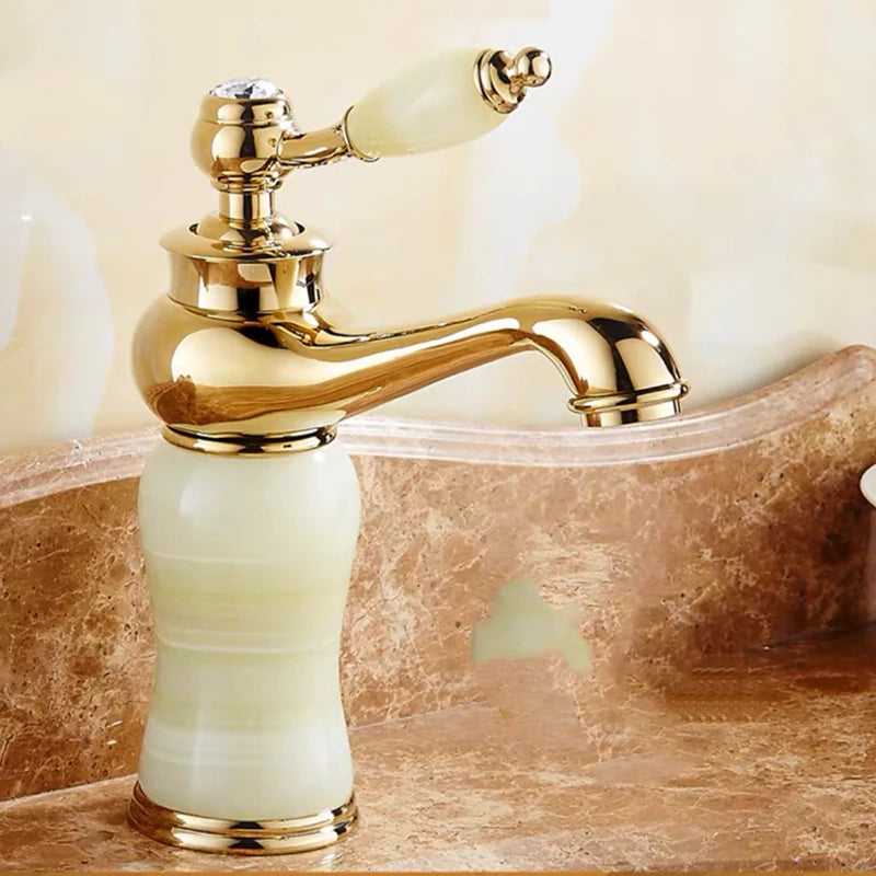 Luxury Golden Handle Bathroom Sink Faucet Jade Marble