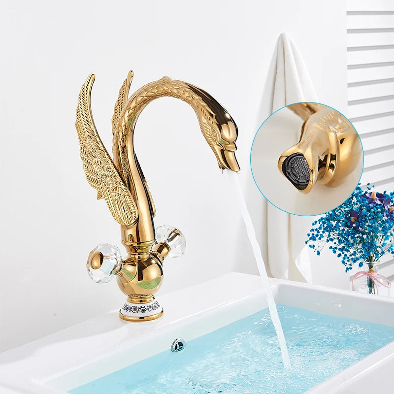 Golden Luxury Swan Basin Faucet Deck Mounted Bathroom