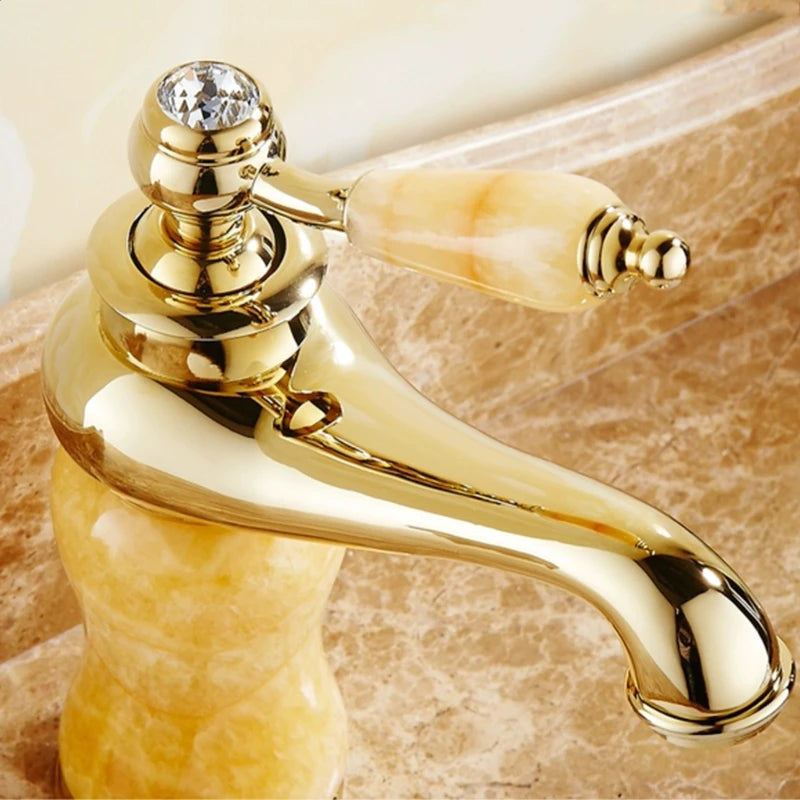 Luxury Golden Handle Bathroom Sink Faucet Jade Marble