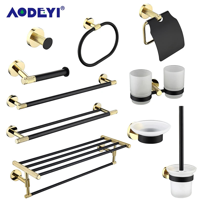 Bathroom Hardware Black Robe Hook Gold Towel Rail