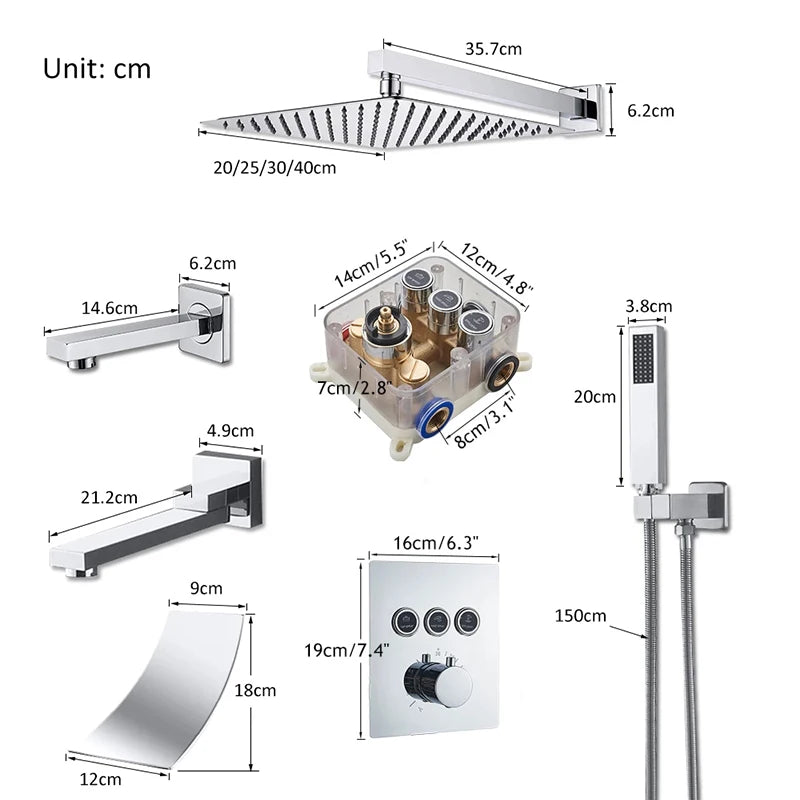 Bathroom Wall Mount Thermostatic Rainfall Shower Faucet Chrome