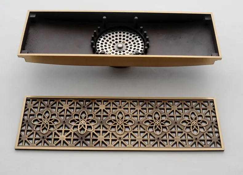 30cmx8cm Rectangle Brass Antique Brushed Carvd Drain Bathroom