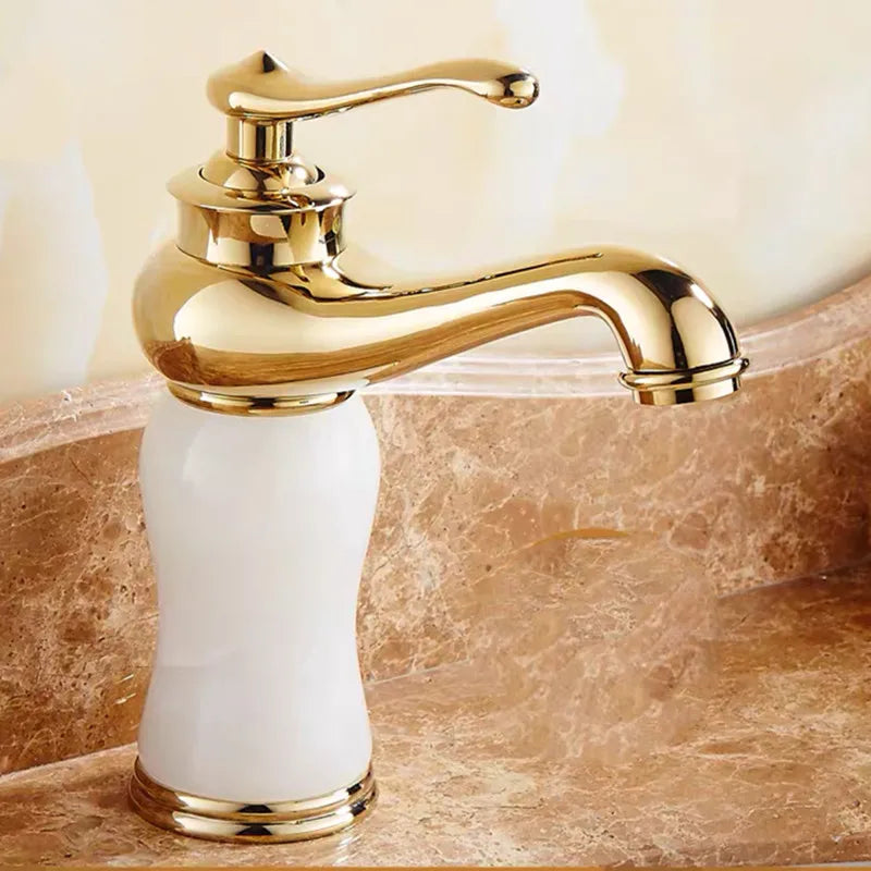 Luxury Golden Handle Bathroom Sink Faucet Jade Marble