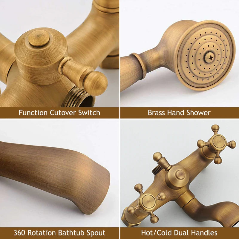 Antique Brass Bathtub Shower Faucets Dual Knobs Mixer
