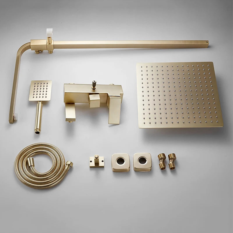 Bathroom Brushed Golden Shower Faucet Wall Mount Rainfall