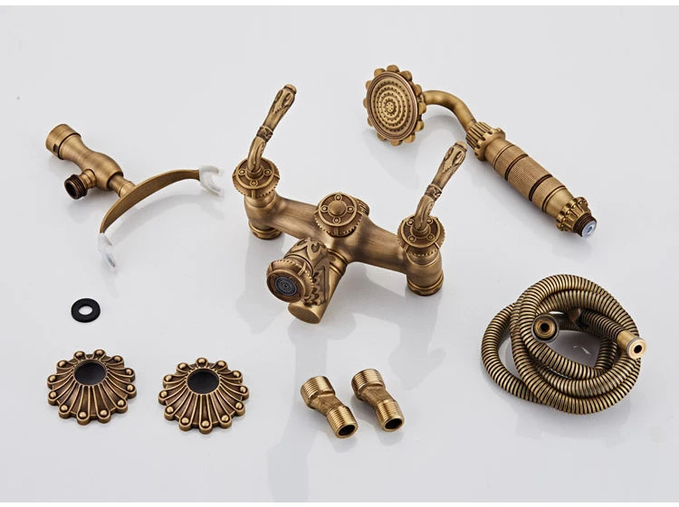 Antique Brass Bathtub Shower Faucets Wall Mounted Bath