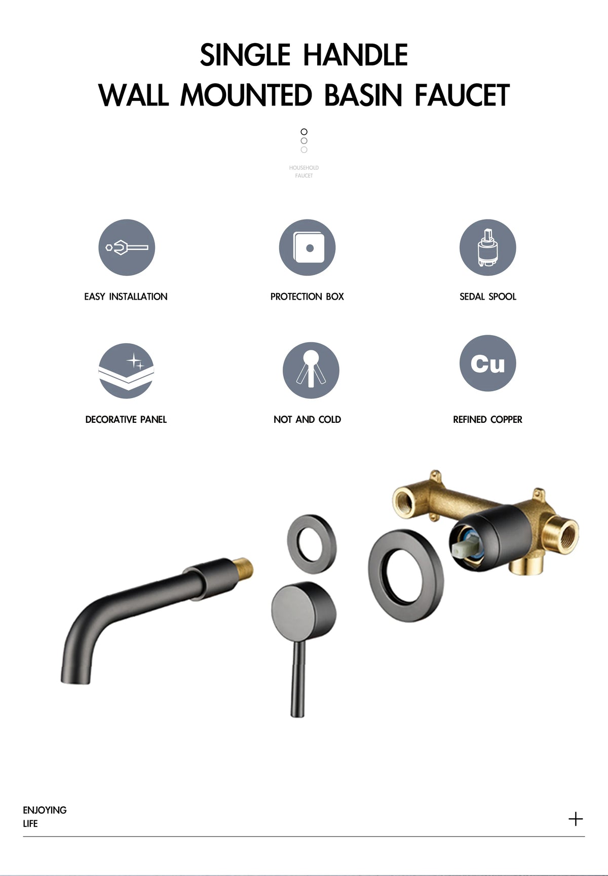 Modern Wall-Mounted Black Brass Bathroom Faucet Concealed Design