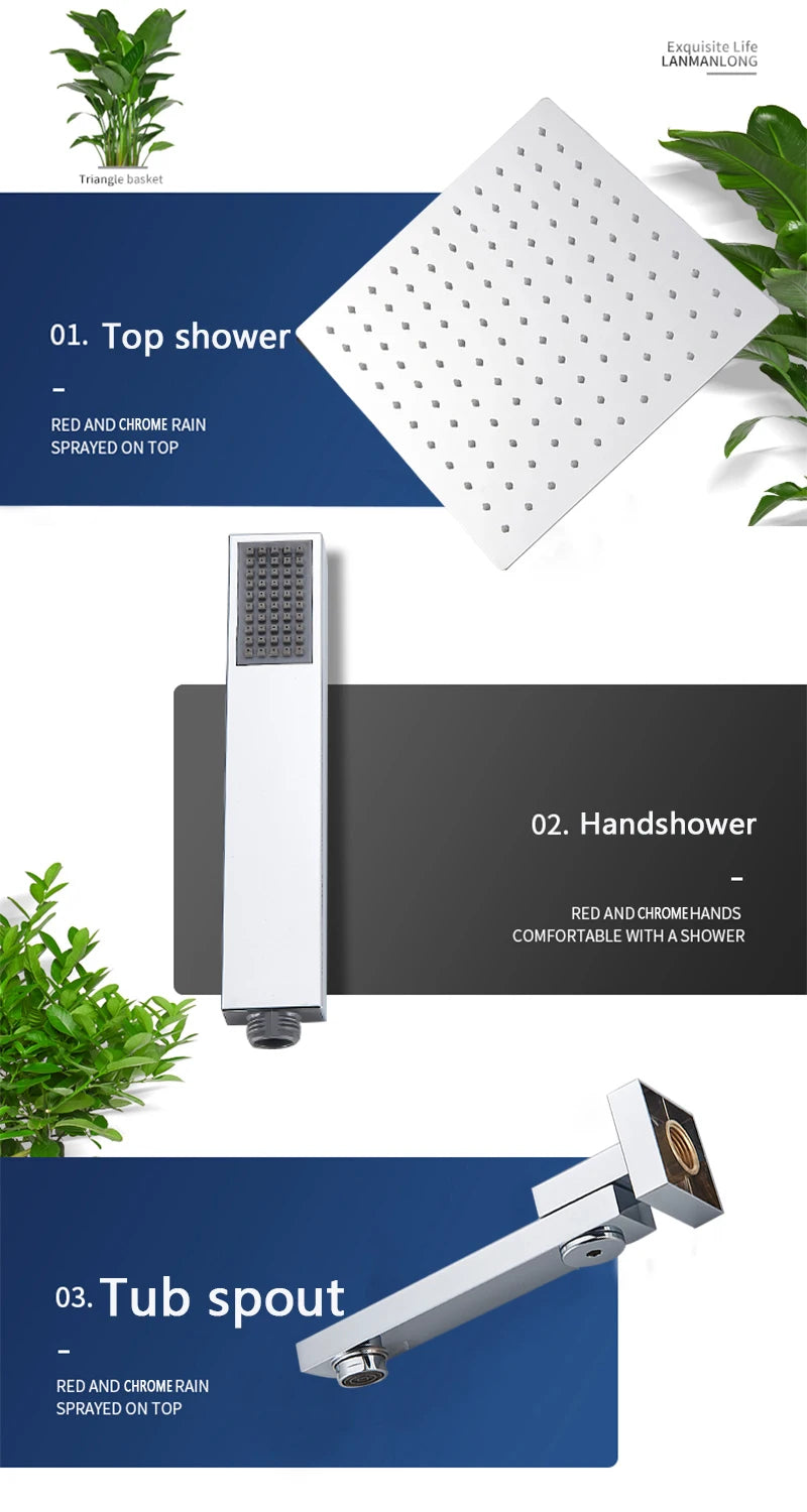 Bathroom Wall Mount Thermostatic Rainfall Shower Faucet Chrome