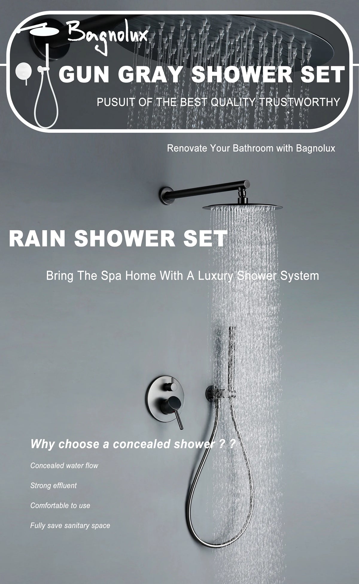 Bagnolux Gun Gray Bath Shower Brass Head Rianfall