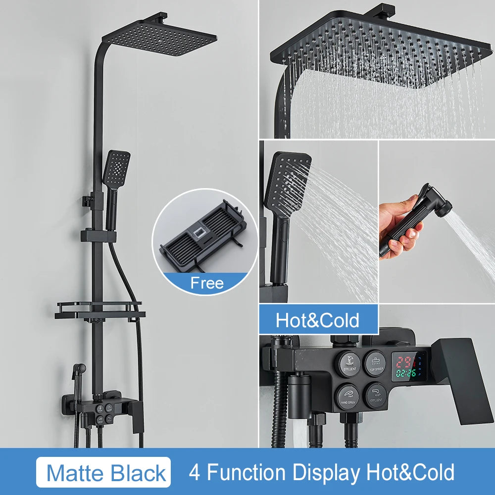 Black Thermostatic Lcd Shower Faucet Temperature Display Rainfall