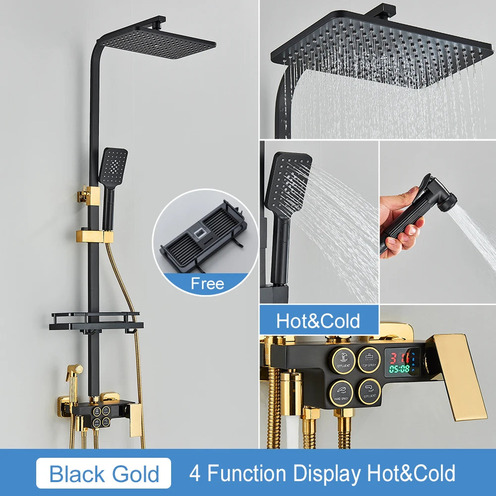 Black Thermostatic Lcd Shower Faucet Temperature Display Rainfall