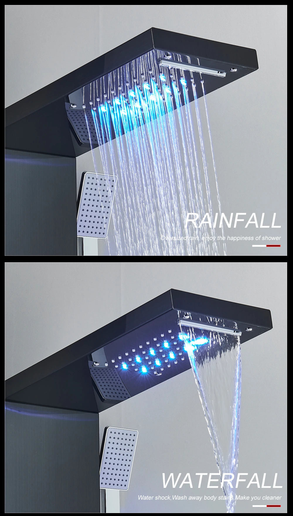 Black Led Shower Panel Waterfall Rain Shower Faucet