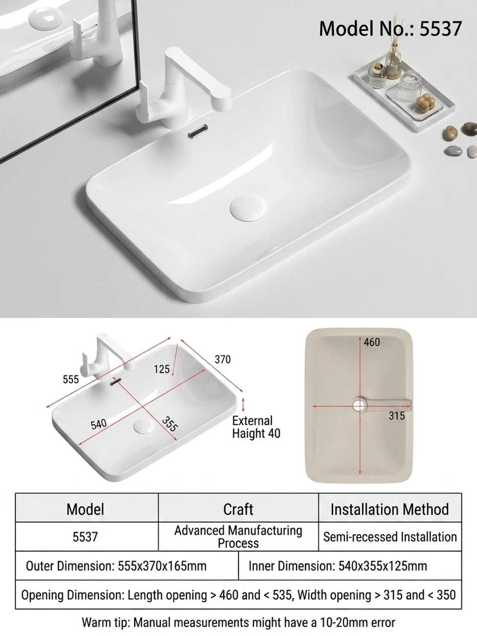 Rectangular Semi Recessed Ceramic Wash Basin Bathroom Countertop