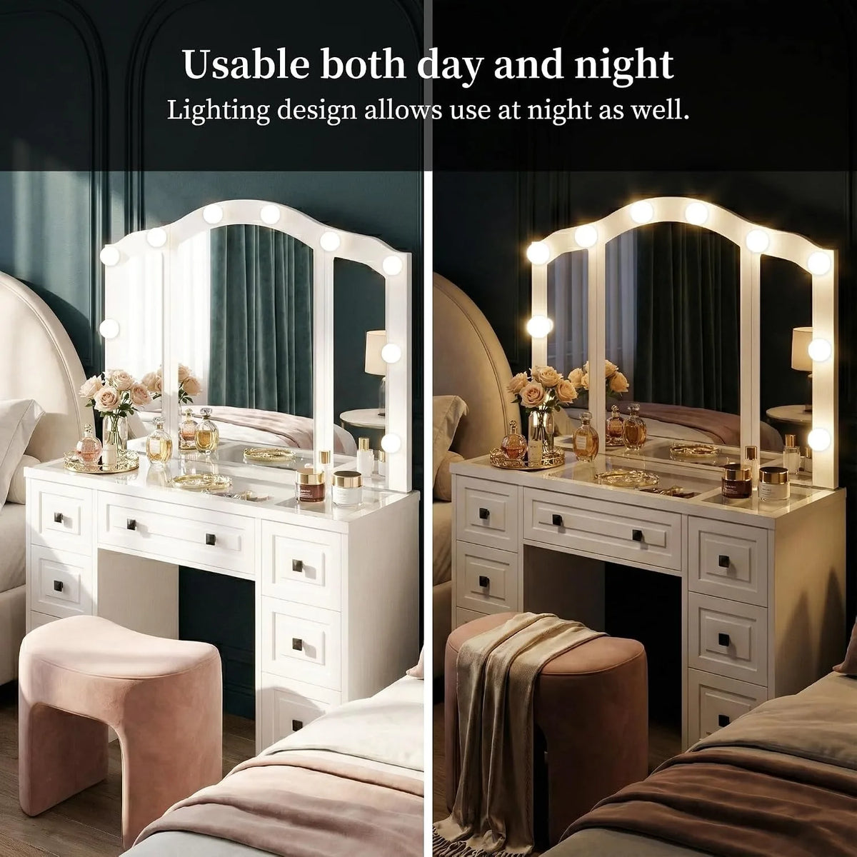 White Retro Lighted Vanity Desk Tri-Fold Mirror Drawers