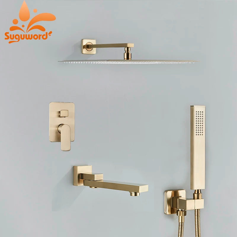 Brushed Gold Bathroom Shower Faucet Rainfall Concealed Shower