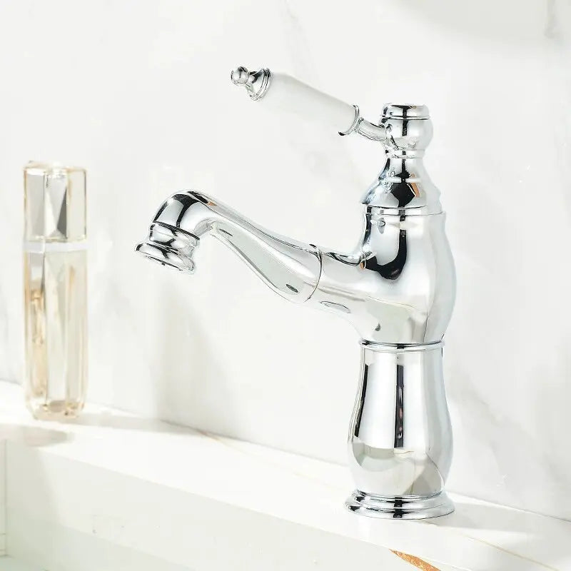 Gold Bathroom Ceramic Handle Basin Faucets Pull Out