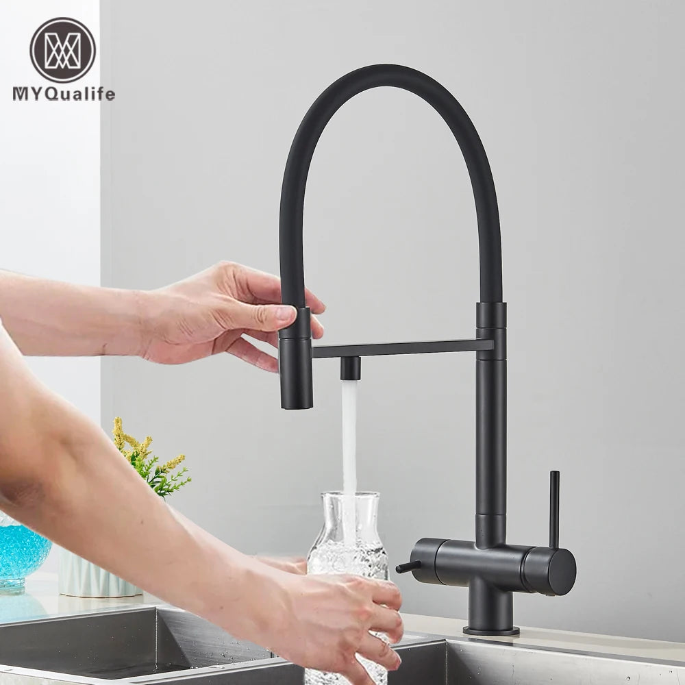 Black Filtered Faucet Pure Water Pull Out Brass
