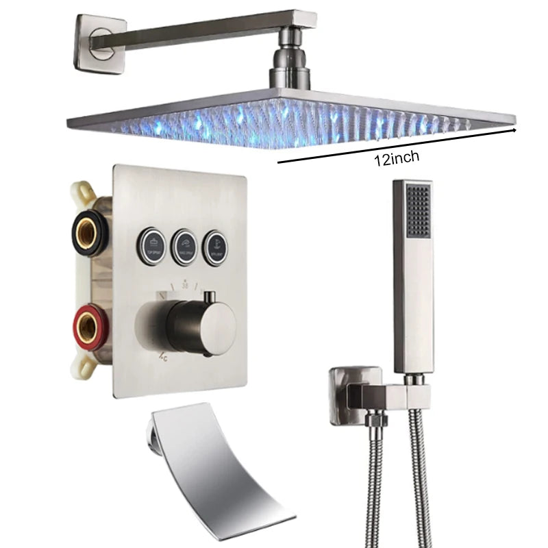 Shinesia Black Thermostat Rainfall Concealed Shower Led Hidden