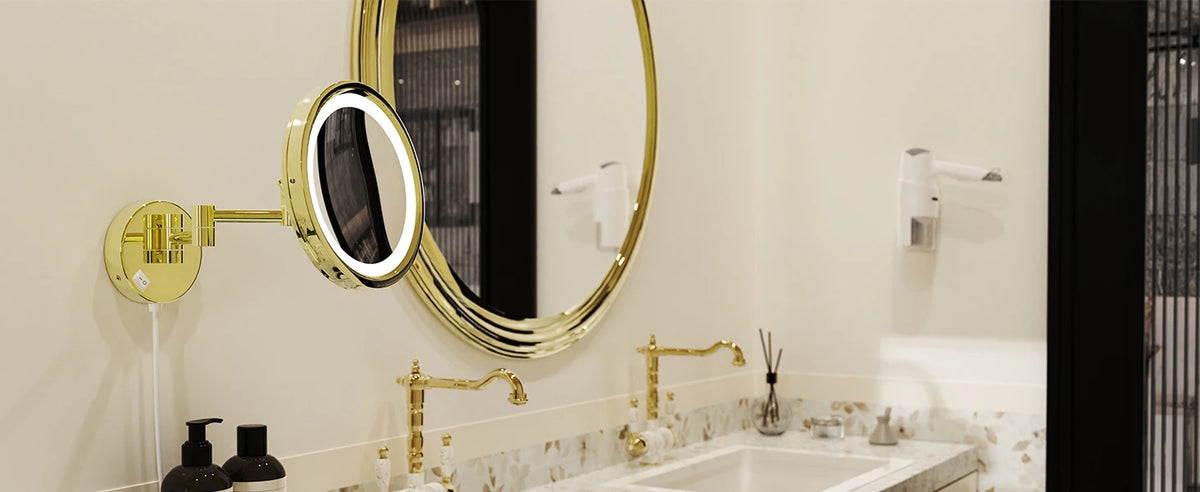 Brushed Gold Led Folding Bathroom Mirror Wall Mounted