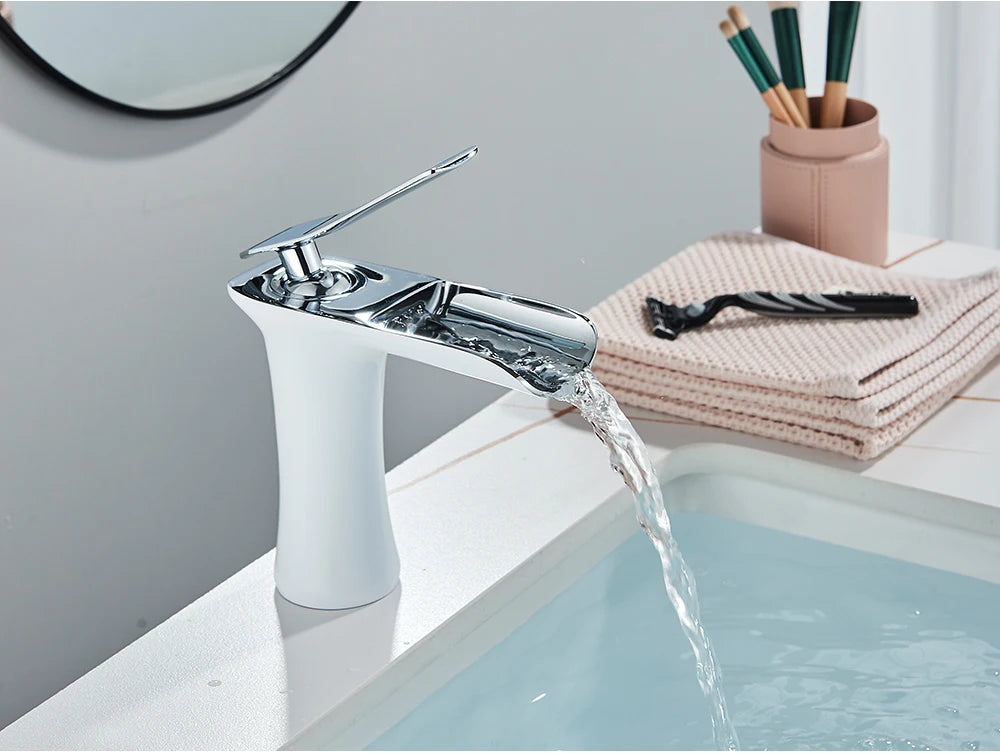 White Basin Faucet Waterfall Spout Bathroom Mixer Tap