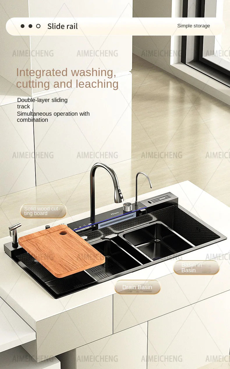 Stainless Steel Waterfall Sink Embossed Large Slot Vegetable