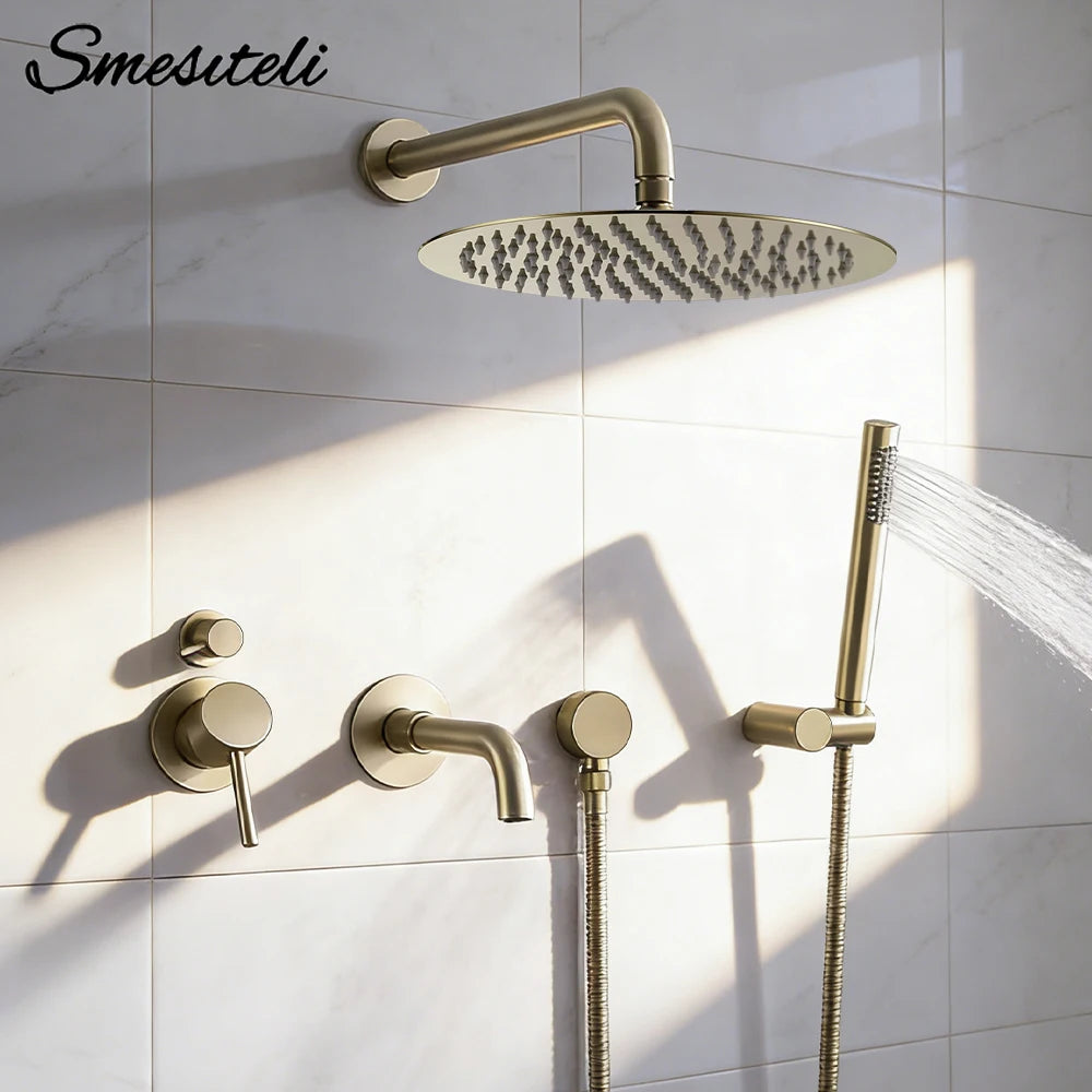 Brushed Gold Bathroom Faucet Shower System 3-Function Shower
