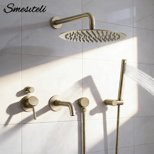 Brushed Gold Bathroom Faucet Shower System 3-Function Shower