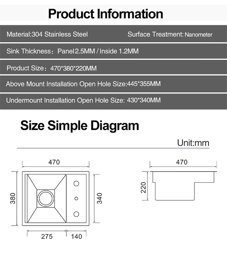 Nanometer Hidden Bar Island Sink 304 Stainless Steel