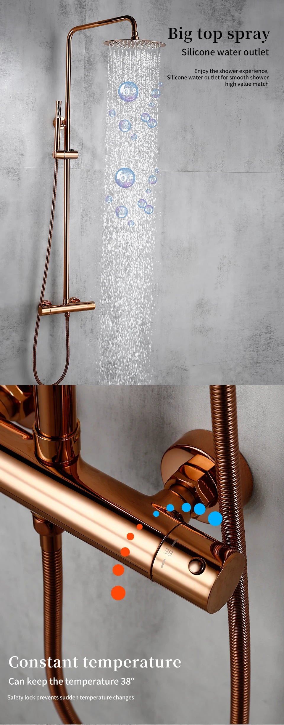 Rose Gold Thermostatic Shower Falcet Sets Wall Mount