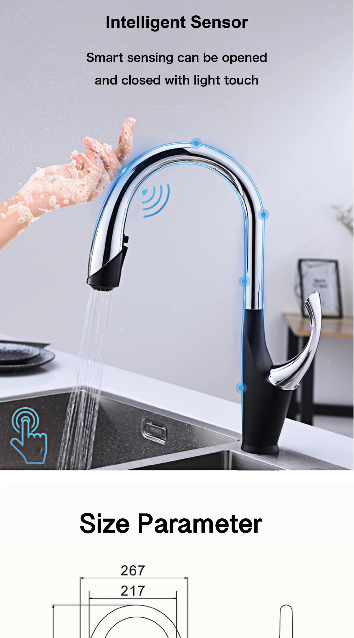 High-End Touch Black Faucet Brass Pull-Out Design Three-Function