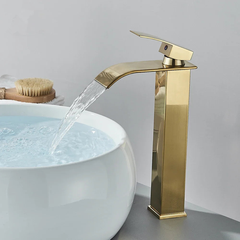 Brushed Golden Basin Faucets Elegant Waterfall Bathroom Sink