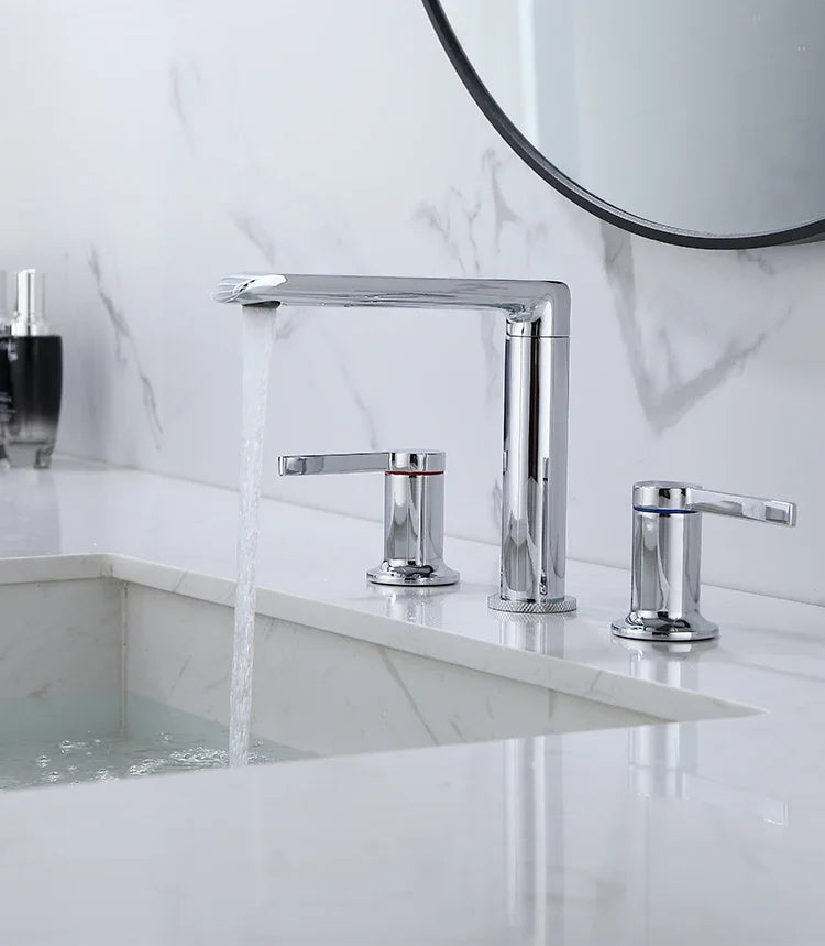 Brushed Gold Bathroom Widespread Basin Faucets Soild Brass