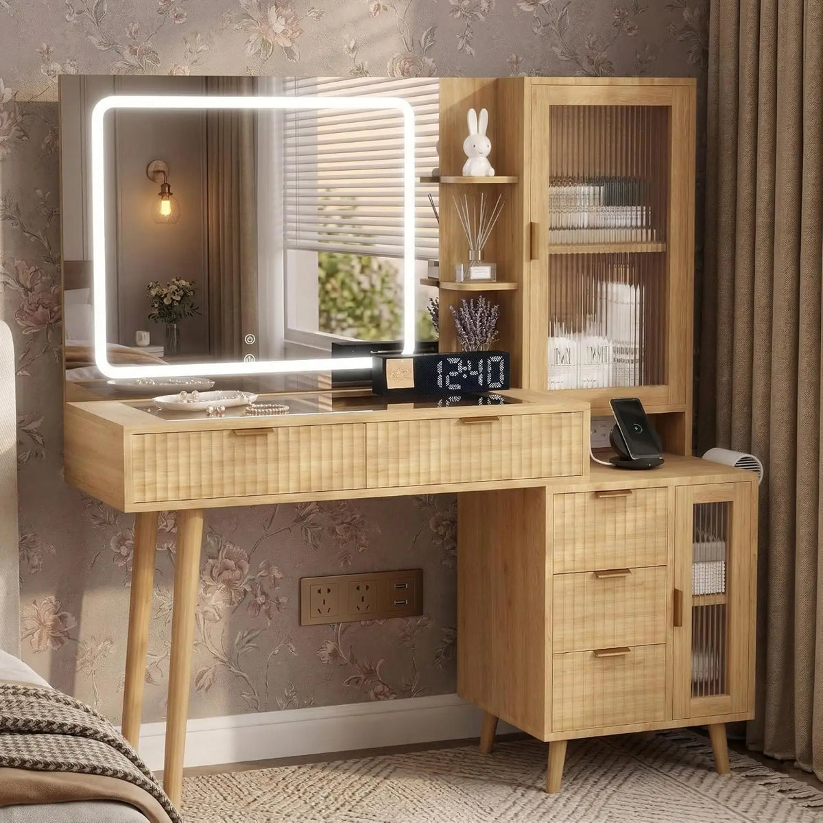 Fluted Boho Vanity Desk Led Mirror Glass Top