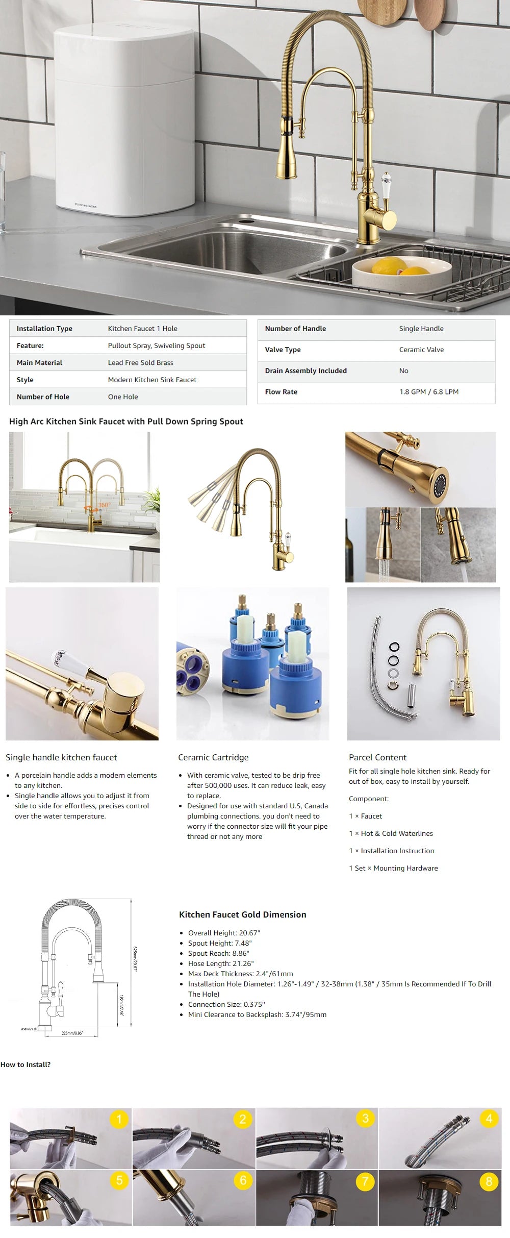 Kemaidi Golden Spring Pull Down Sink Faucet &