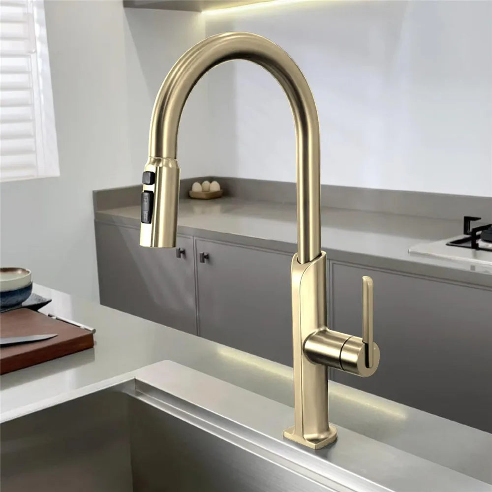 Brushed Gold Pull Out Faucet Sus304 Sink Faucet