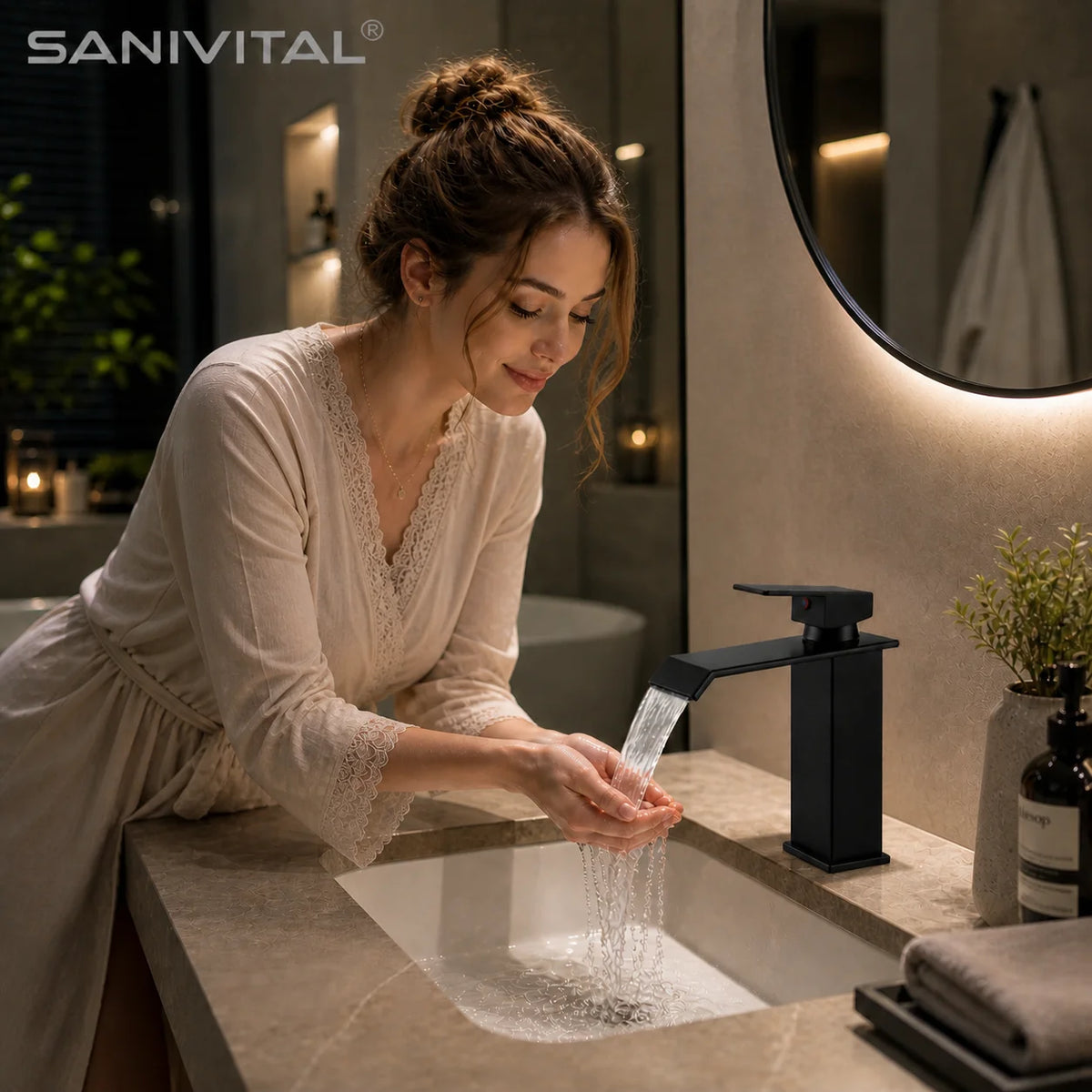 Sanivital Modern Matte Black Waterfall Basin Faucet Cold