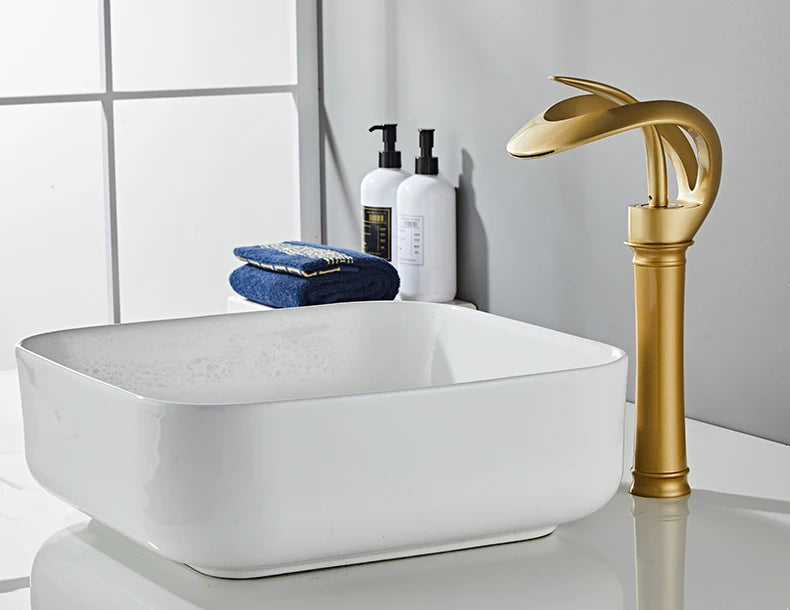 Black Bathroom Basin Taps Handle Waterfall Faucet Solid