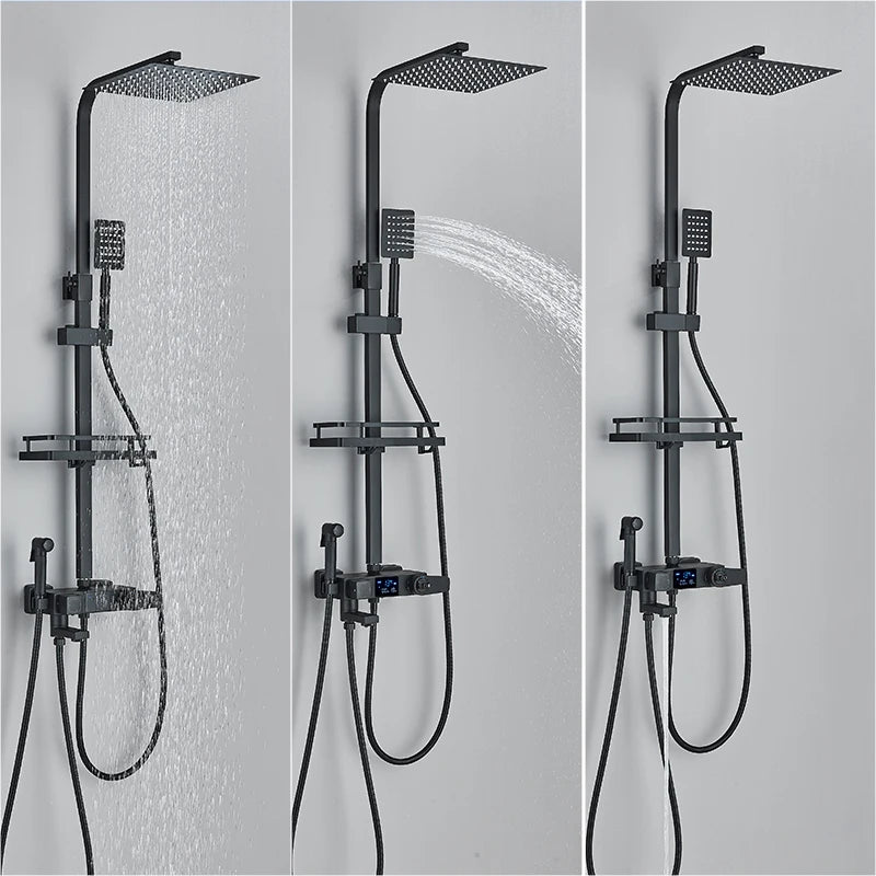 Black Digital Display Thermostatic Shower Faucets Rainfall Shower