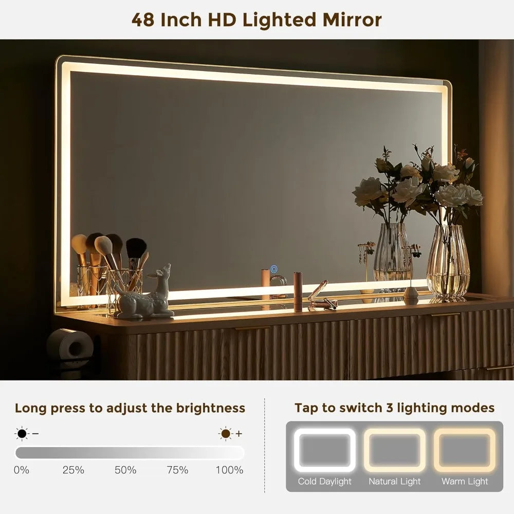 Illuminated 48 Makeup Vanity Desk Fluted Design 8-Drawer