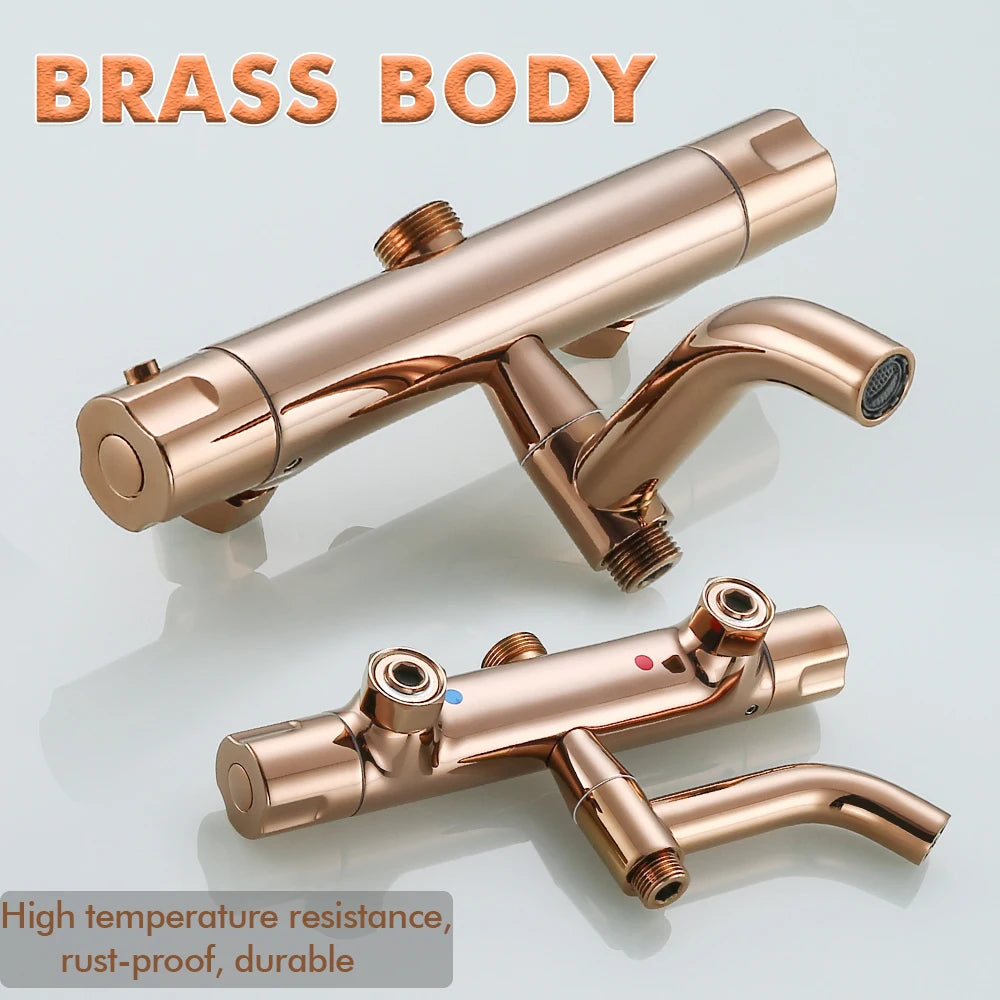 Brushed Rose Gold Thermostatic Exposed Shower System Rainfall