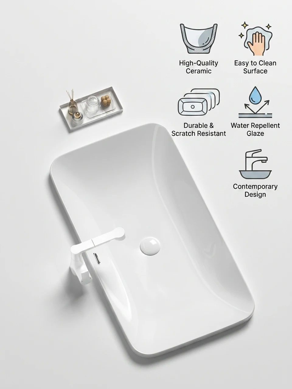 Rectangular Semi Recessed Ceramic Wash Basin Bathroom Countertop