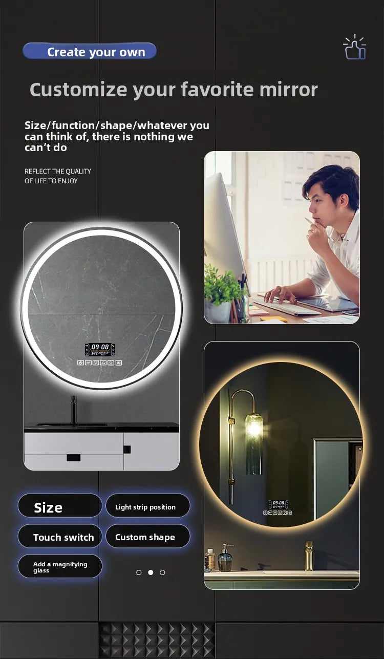 Round Smart Bathroom Mirror Wall-Mounted Led Light Touch