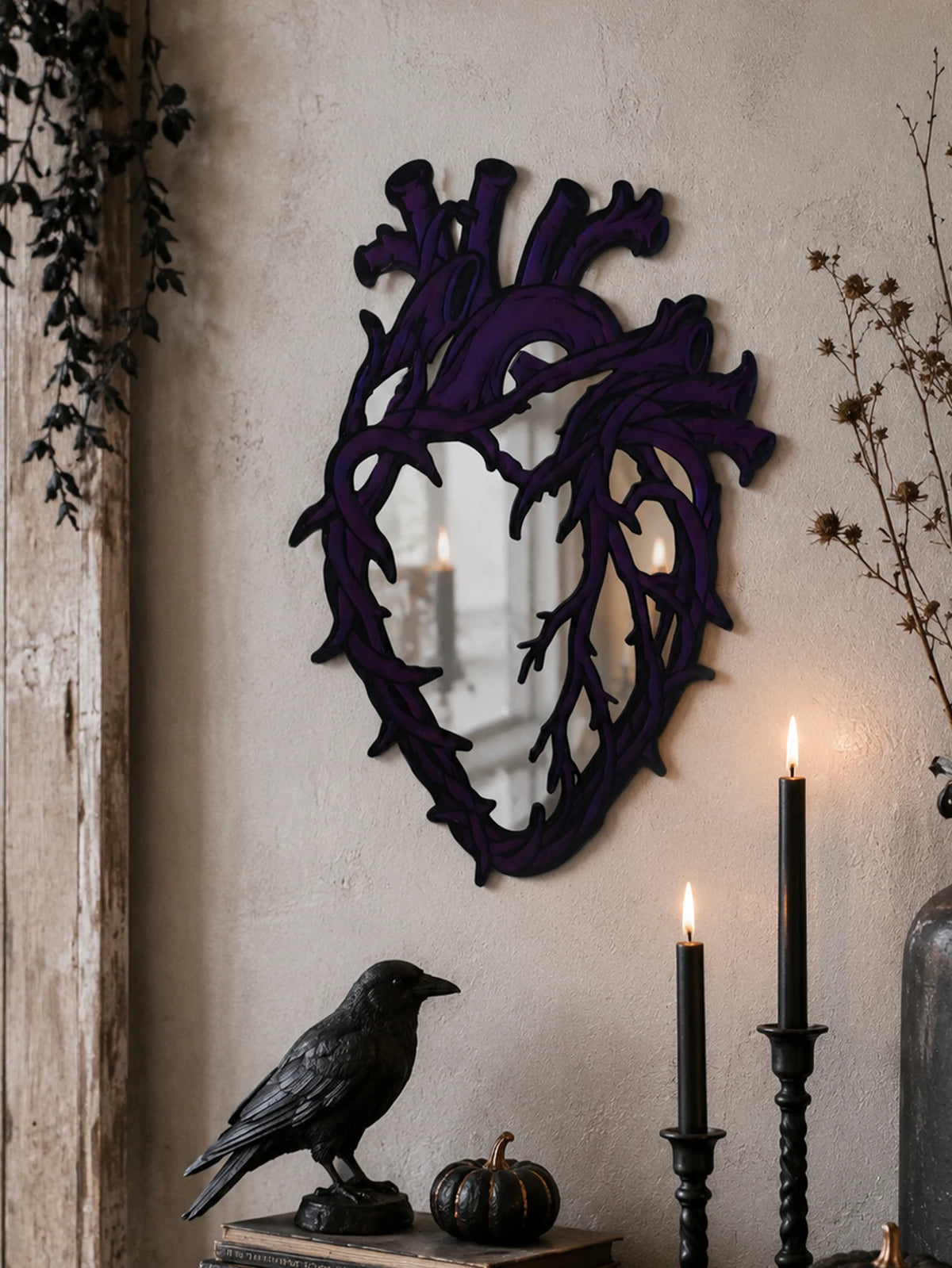 Purple Gothic Barbed Wire Heart Wall Mirror Witchy